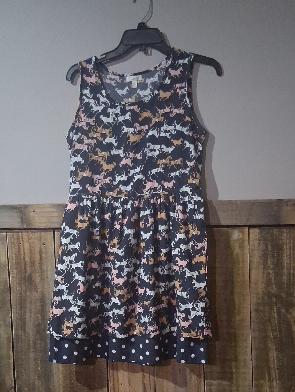 Black Sleeveless Midi Dress with Pink, White and Tan Horse Print